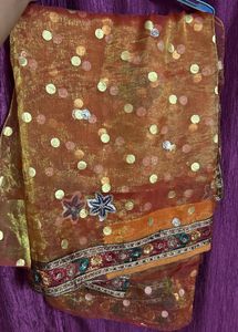 Orange Saree with Gold Polka Dots net