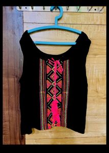 Boho Embroidered Black Top