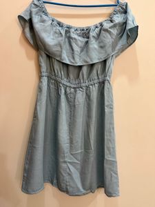 Promod Light Blue Off-Shoulder Chambray Dress
