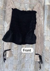 Black Smocked Lace Sleeve Top
