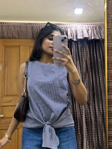 Striped Tie-Front Sleeveless Top