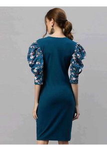 Teal Dress with Floral Puff Sleeves (small)