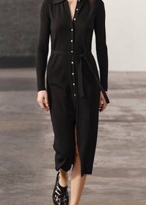 Zara Elegant Black Ribbed Knit Midi Dress