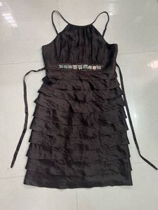 Black Tiered Halter Dress with Embellished Waist