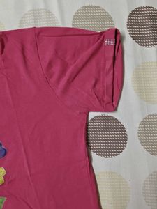 Daily wear Pink T-Shirt with Floral Applique