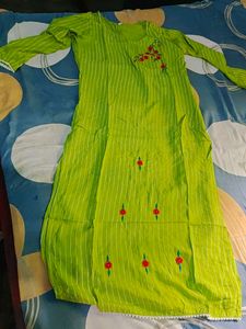 Green Striped Kurta with Floral Embroidery