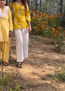 Yellow and Blue Floral Print Kurta  (set of 2)