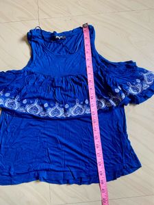 Blue Cold Shoulder Top with White Embroidery