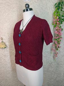 Zara Burgundy Knit Cardigan with Blue Buttons