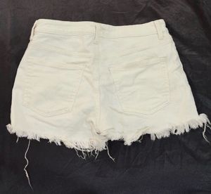 Cream Frayed Hem Denim Shorts