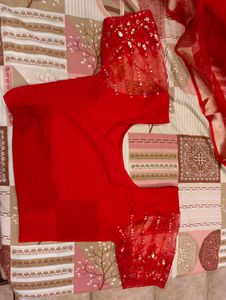 New Vibrant Red Saree with Gold Border