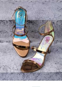 Chic Heeled Sandals with Holographic Detail