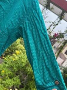 Teal Striped Button-Front Kurta