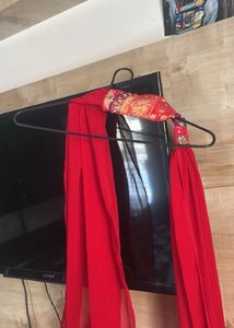 Red plazzo with stone work multi colour top