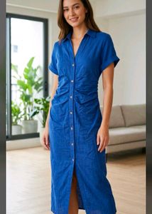Blue Ruched Shirt Dress