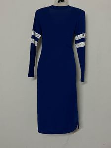 Pintresty Blue V-Neck Dress with Lace Stripes