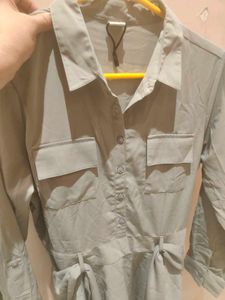 Chic Shirt Dress with Tie Waist- Grey