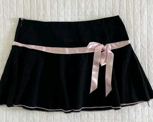 y2k Black Mini Skirt with Pink Ribbon Bow