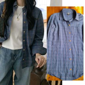Korean Blue Plaid/Checked Button-Down Shirt
