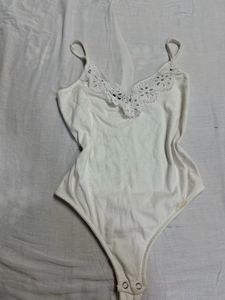 White Lace Trim Bodysuit