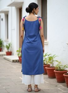 Indo-Western Blue Kurti with Cute Tassel Sleeves
