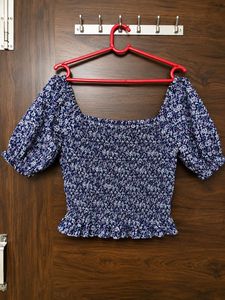 Madame Navy Floral Puff Sleeve Smocked Top