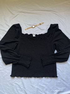 Black Smocked Square Neck Top