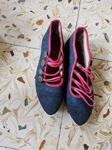Denim Ballet Flats with Pink Accents