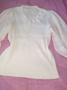 Chic White Knit Top with Sheer Sleeves