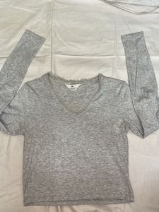 Grey Ribbed Long Sleeve Top with Lace Trim