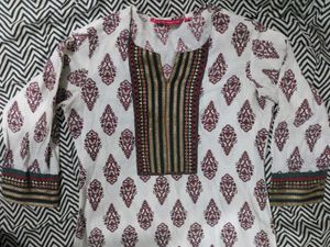 White Printed Kurti with Embroidered Neckline