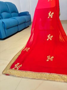 Vibrant Pink &amp; Coral Embroidered Saree