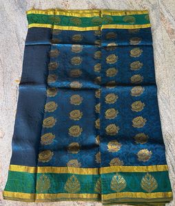 Blue Saree with Gold Lotus Motif