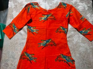 Vibrant Orange Bird Print Kurta