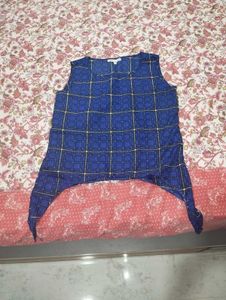 Geometric Blue Plaid Sleeveless Top