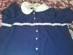 Navy Blue Blouse with Lace Collar