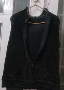 Black Velour Sleeveless Hoodie