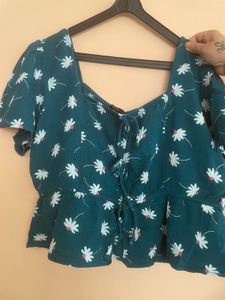 Teal Floral Tie-Front Peplum Top