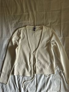 Cream Ribbed Tie-Front Cardigan