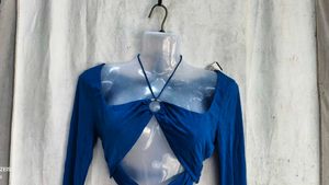 Blue Cutout Ring Detail Long Sleeve Top