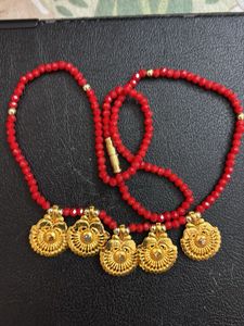 Red Beaded Necklace with Gold Pendants