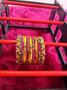 Set of Yellow &amp; Pink Silk Thread Bangles