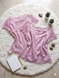Pink Sheer Organza Top with Pearl Neckline | Size