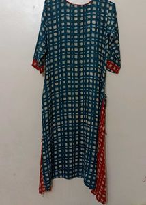 Green Checkered Tassel Kurti Dress