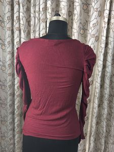 Maroon Puff Sleeve Square Neck Top