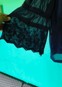 Dark Blue Embroidered Bell Sleeve Blouse
