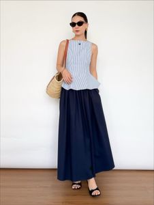 Navy Blue Flowy Midi Skirt with POCKETS