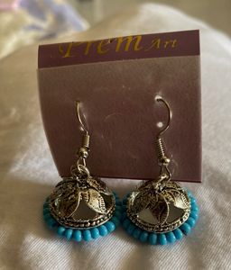 Oxidised Silver Jhumki Earrings with Blue Bead