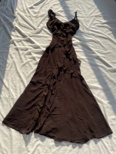 Brown legslit Ruffle Maxi Dress