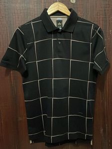 Men's Black Polo Shirt with Grid Pattern